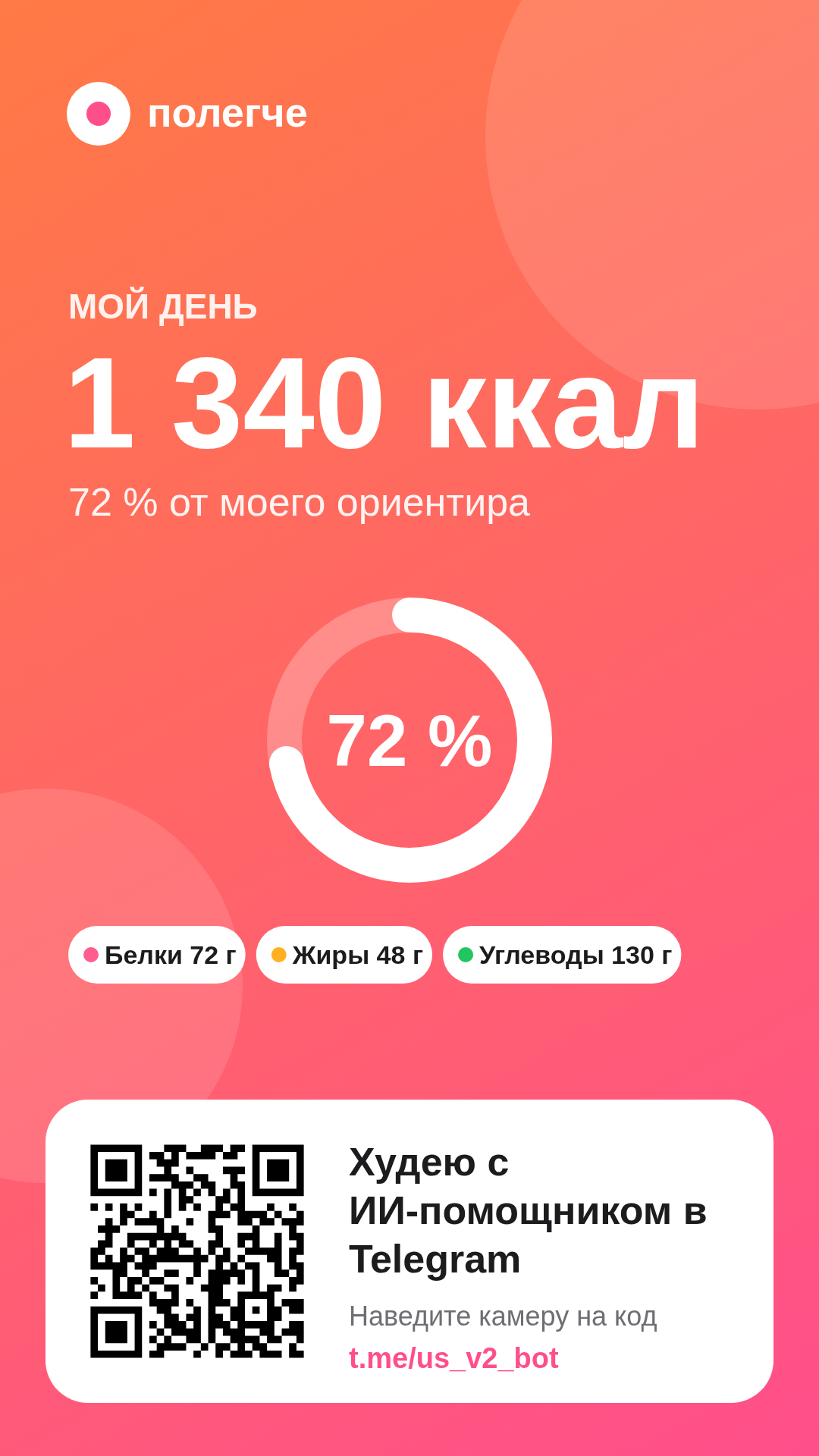 Картинка для сторис: мой день, 1 340 ккал, QR-код на бота